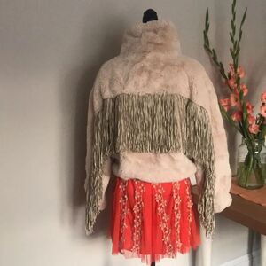 Anthropologie Blue Revival Fringe Faux Fur Bomber Jacket Coat size M
